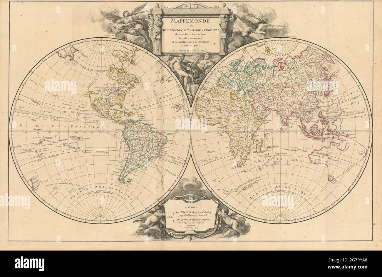 Mappemonde ou description du globe terrestre World hemispheres VAUGONDY 1752 Stock Photo