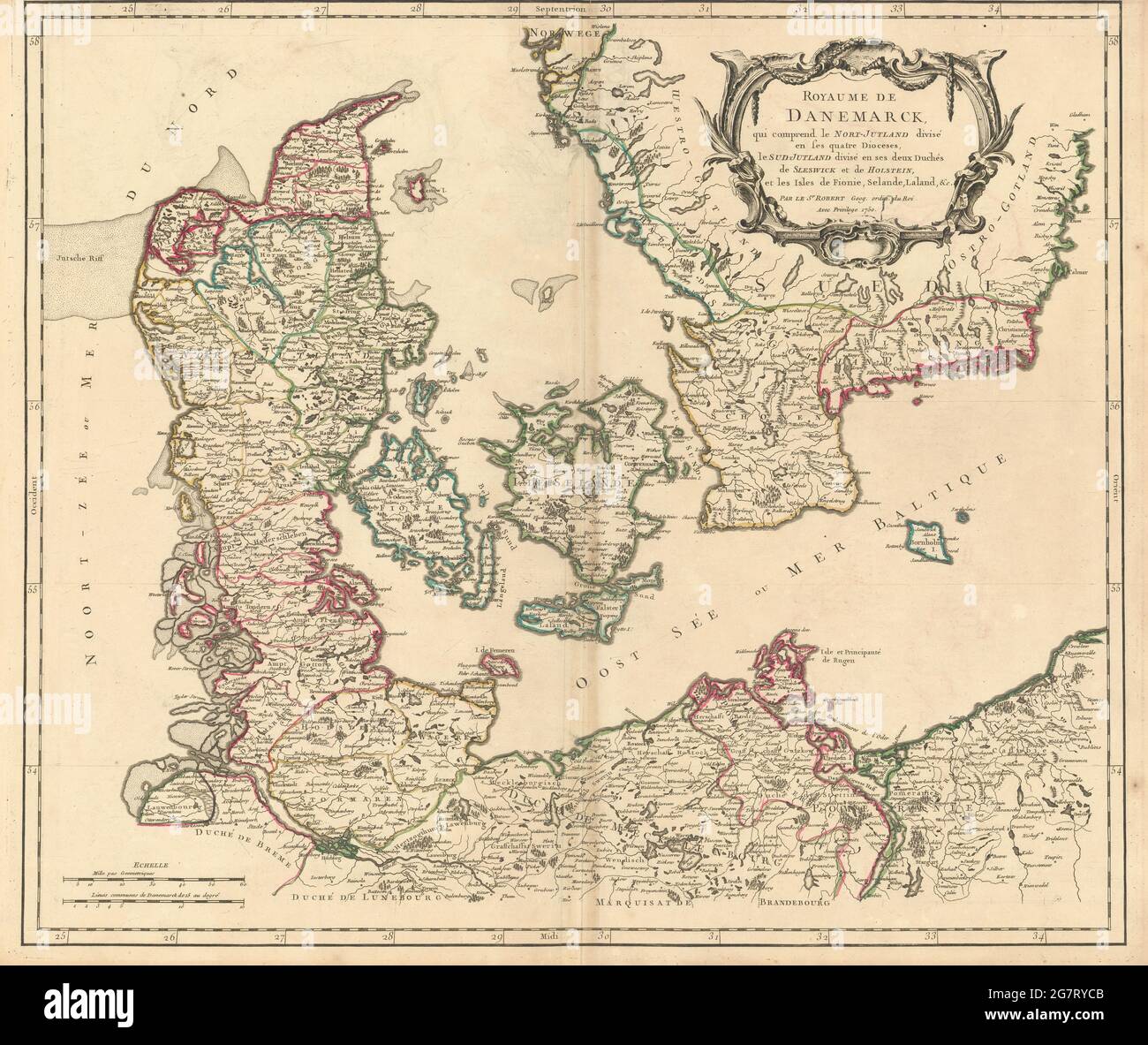 'Royaume de Danemarck…' Denmark & Southern Sweden. ROBERT DE VAUGONDY 1750 map Stock Photo