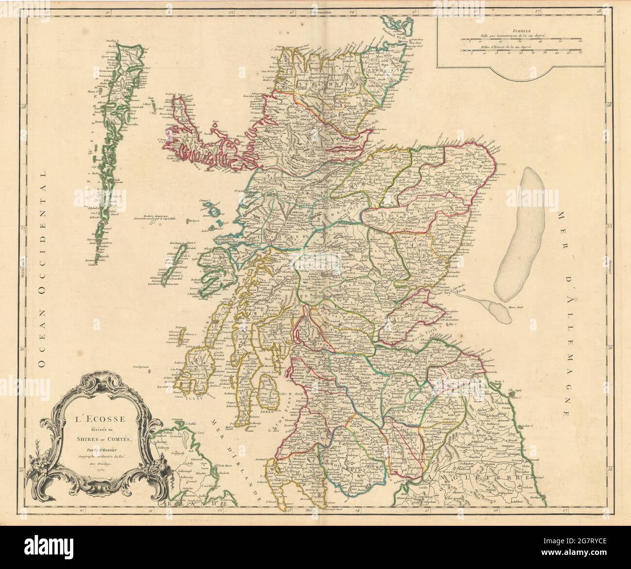 'L'Ecosse divisée en shires ou comtés'. Scotland in counties. VAUGONDY 1752 map Stock Photo