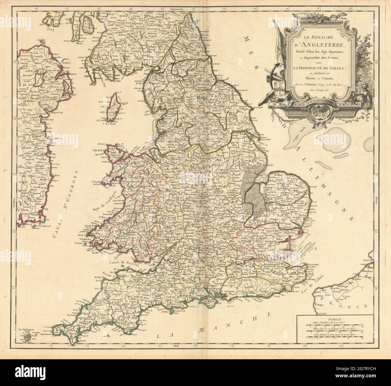 'Le Royaume d'Angleterre divisé selon les 7 royaumes…' England VAUGONDY 1753 map Stock Photo