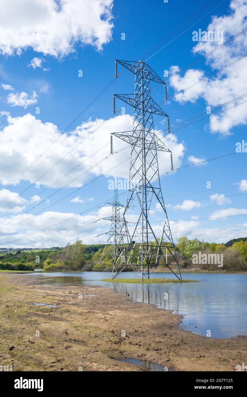 Newburn UK: 24th May 2021: Flooded farmland at Throckley Reef (Reigh) in North England. Flooded field with electricty pylons Stock Photo