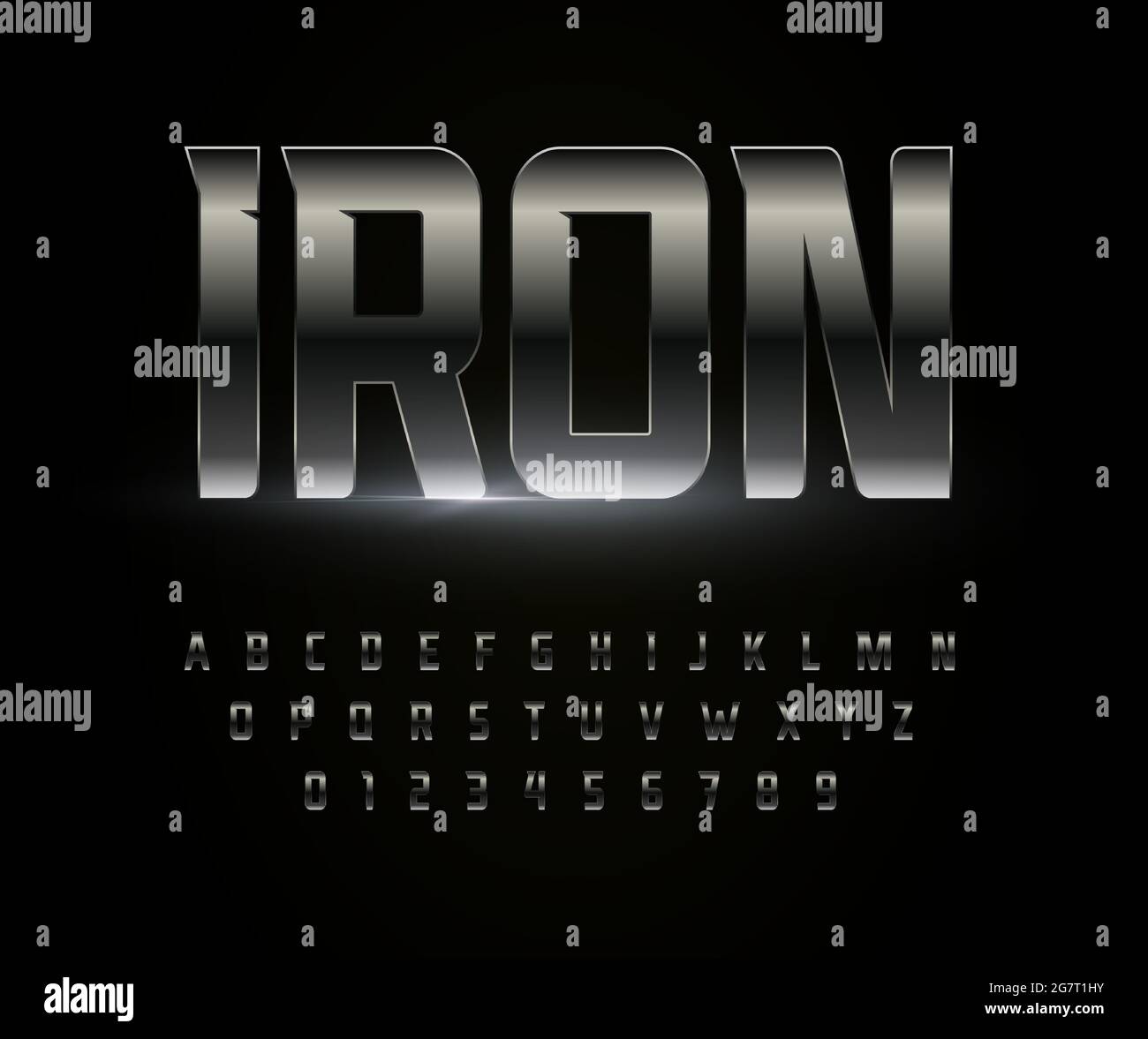 Iron font alphabet Metal steel chrome letters. Stainless metallic typography. High bold strong futuristic typographic design. Isolated vector typeset Stock Vector