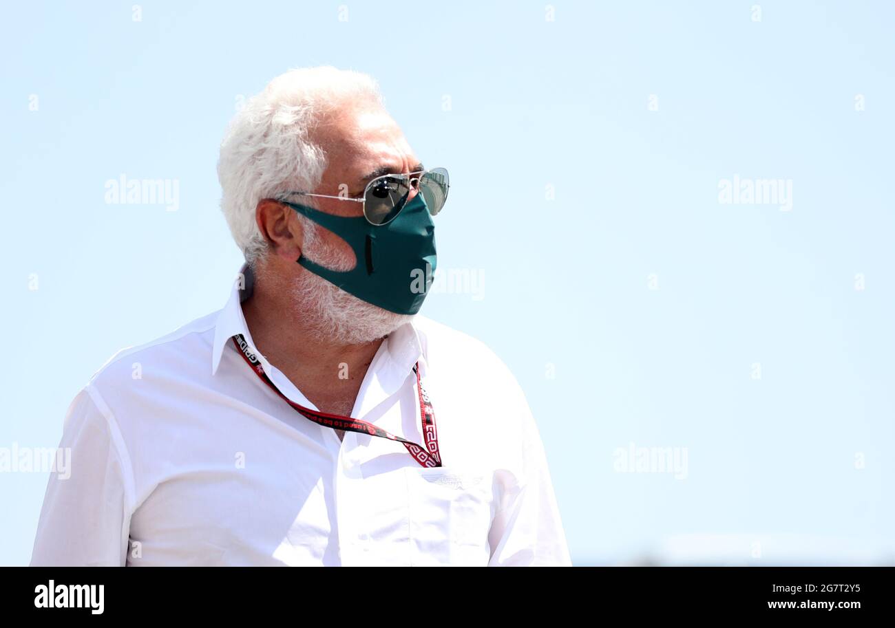 Part Owner of Aston Martin F1 Team Lawrence Stroll arrives for practice for the British Grand Prix at Silverstone, Towcester. Picture Date: Friday July 16, 2021. Stock Photo