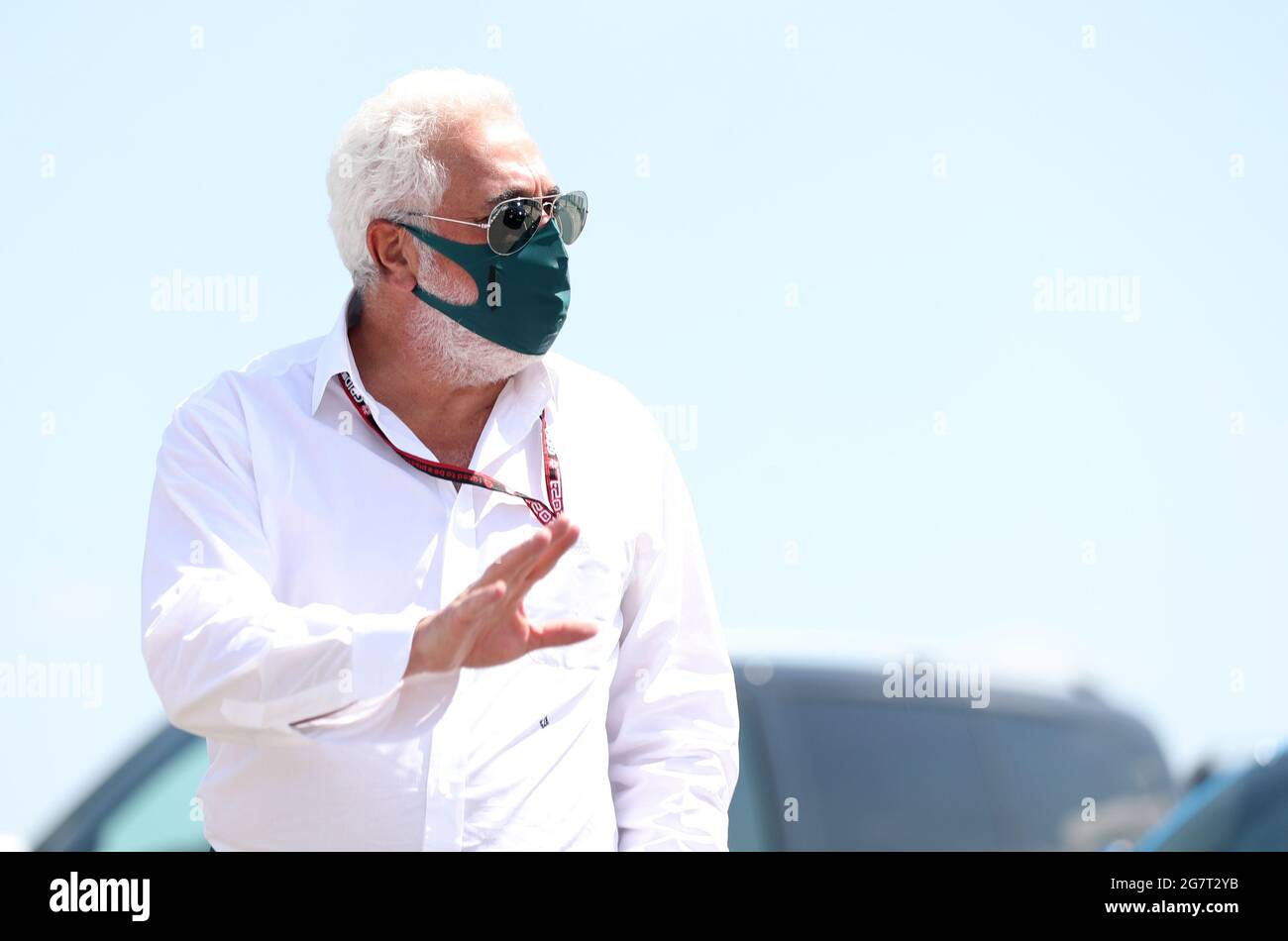 Part Owner of Aston Martin F1 Team Lawrence Stroll arrives for practice for the British Grand Prix at Silverstone, Towcester. Picture Date: Friday July 16, 2021. Stock Photo