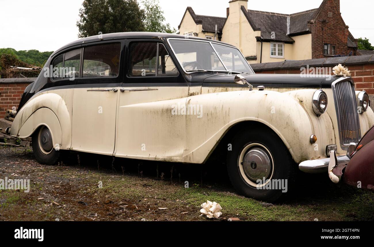Old car with wedding day decoration Stock Photo