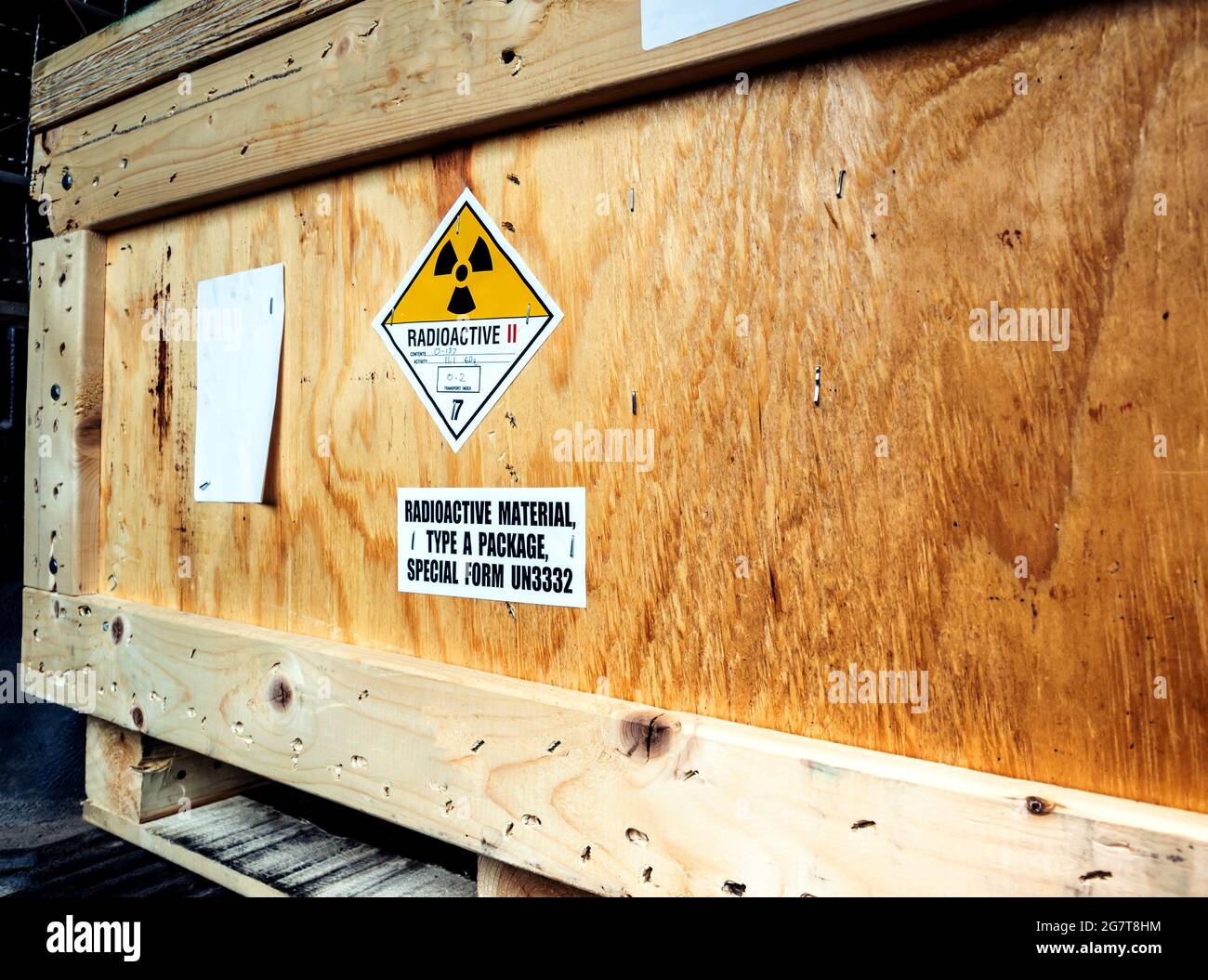 Radioactive material label beside the transportation wooden box Type A