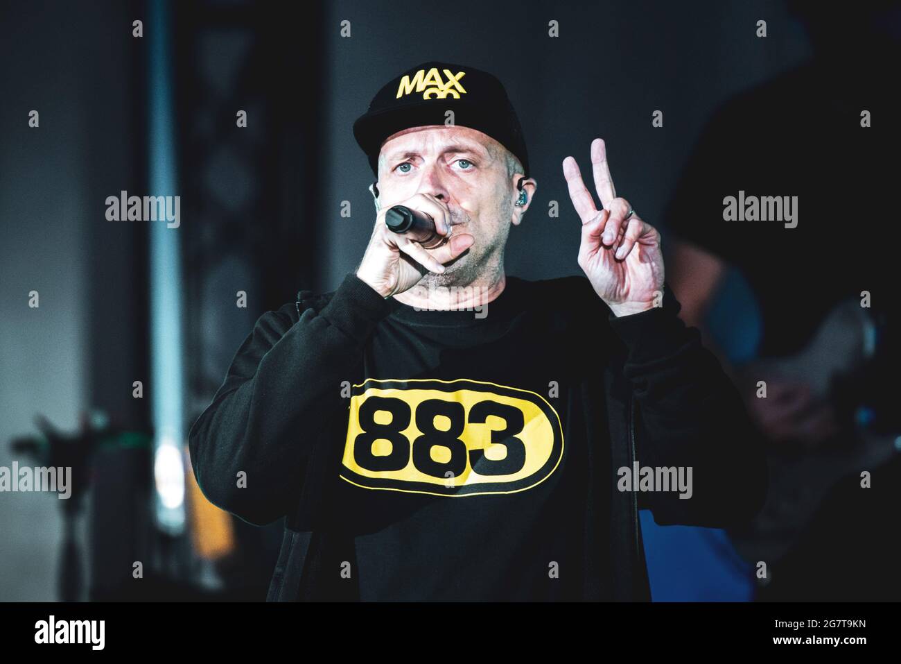 Stupinigi, Italy. 15th July, 2021. The Italian pop singer Max Pezzali  performing live on stage at the Stupinigi hunting mansion for his “Max 90”  Italian tour. (Photo by Alessandro Bosio/Pacific Press/Sipa USA)