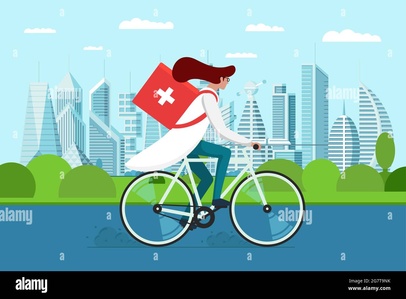 Medicine pharmacy delivery. Female doctor riding bicycle with medical sanitary box first aid on city park road. Woman therapist pharmacist emergency on cycle vector eps illustration Stock Vector