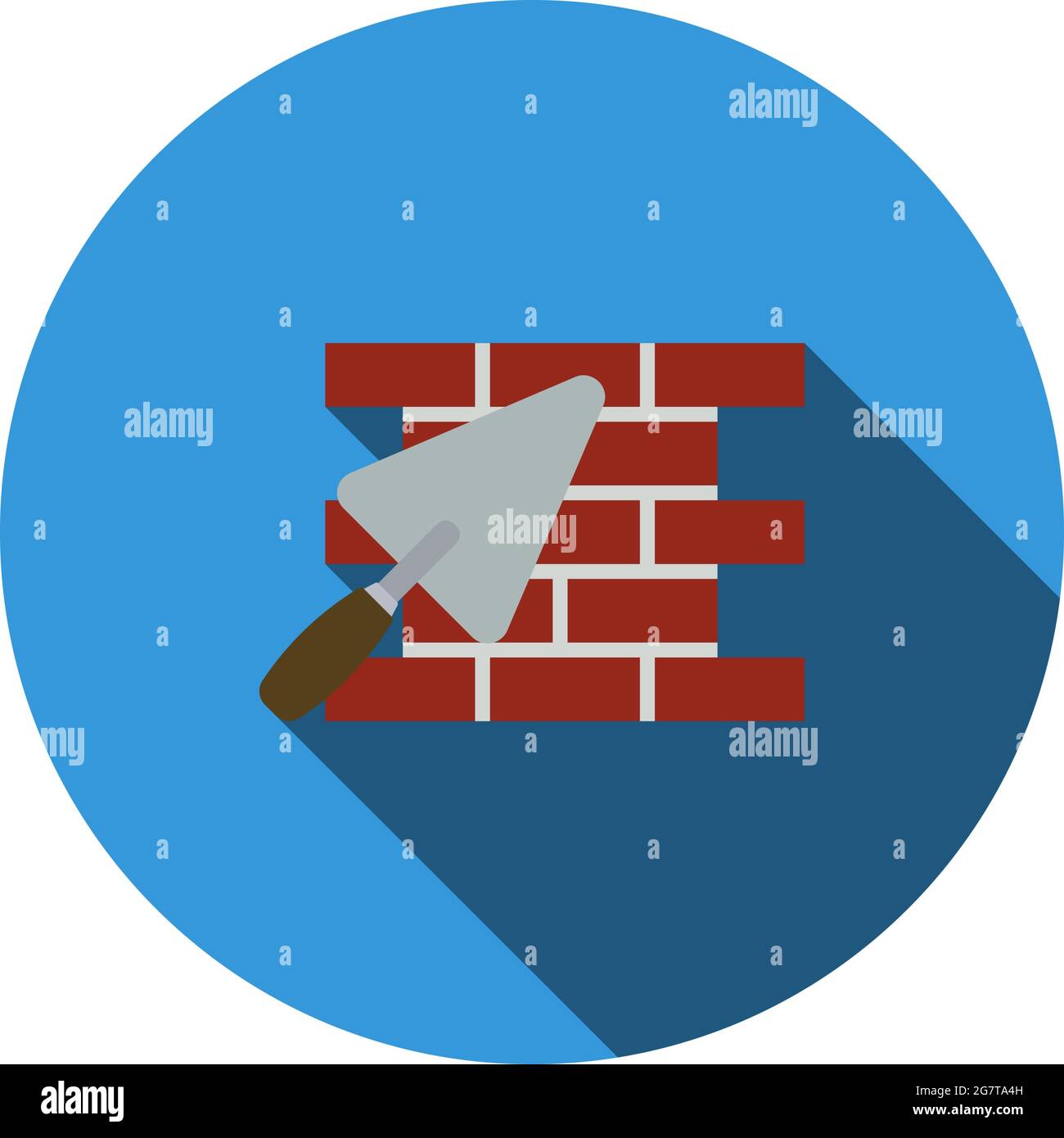 Icon Of Brick Wall With Trowel. Flat Circle Stencil Design With Long Shadow. Vector Illustration