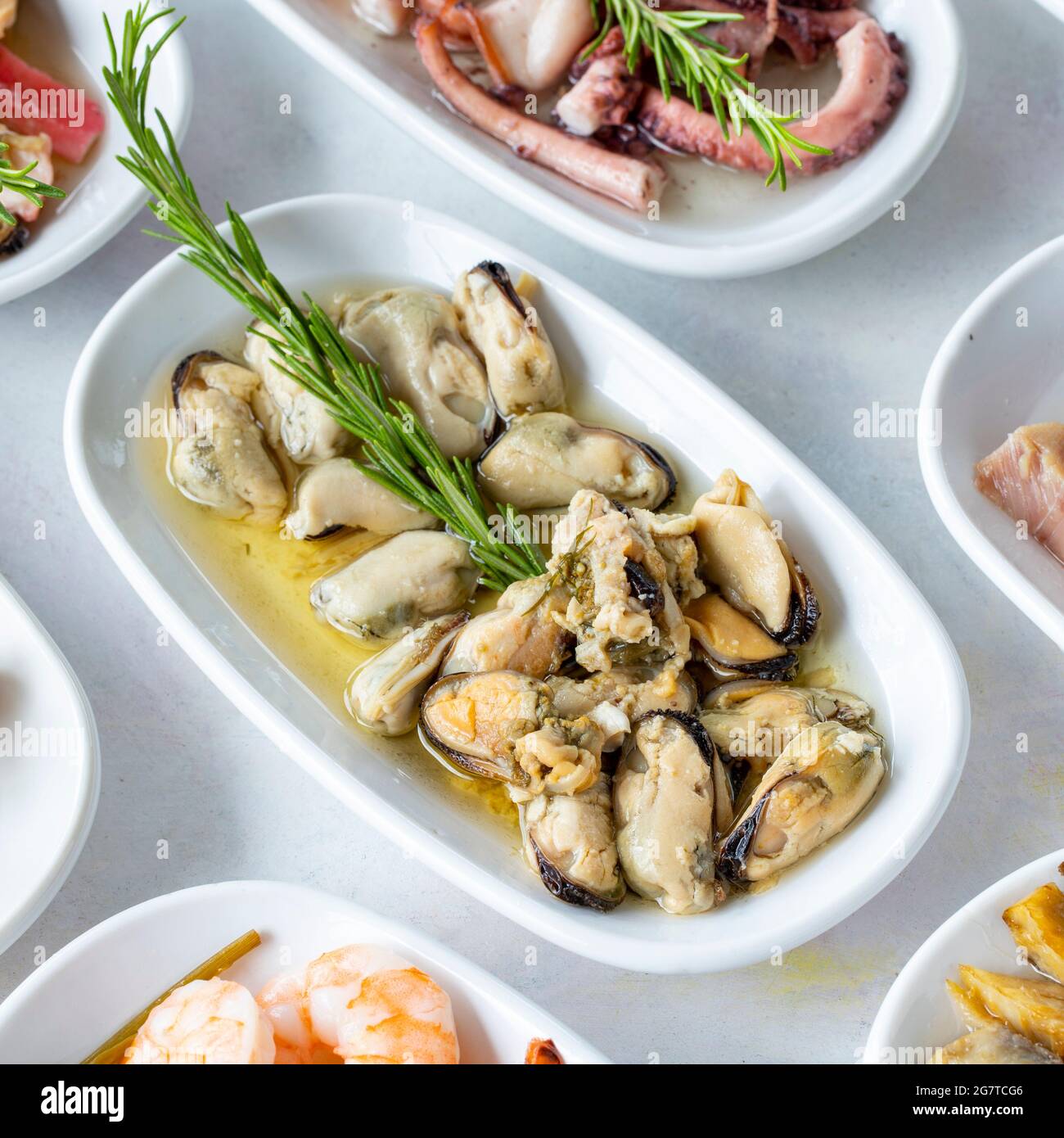 Lakerda Fish Set of Seafood Dishes. Seafood on a plate. On a white wooden background ...