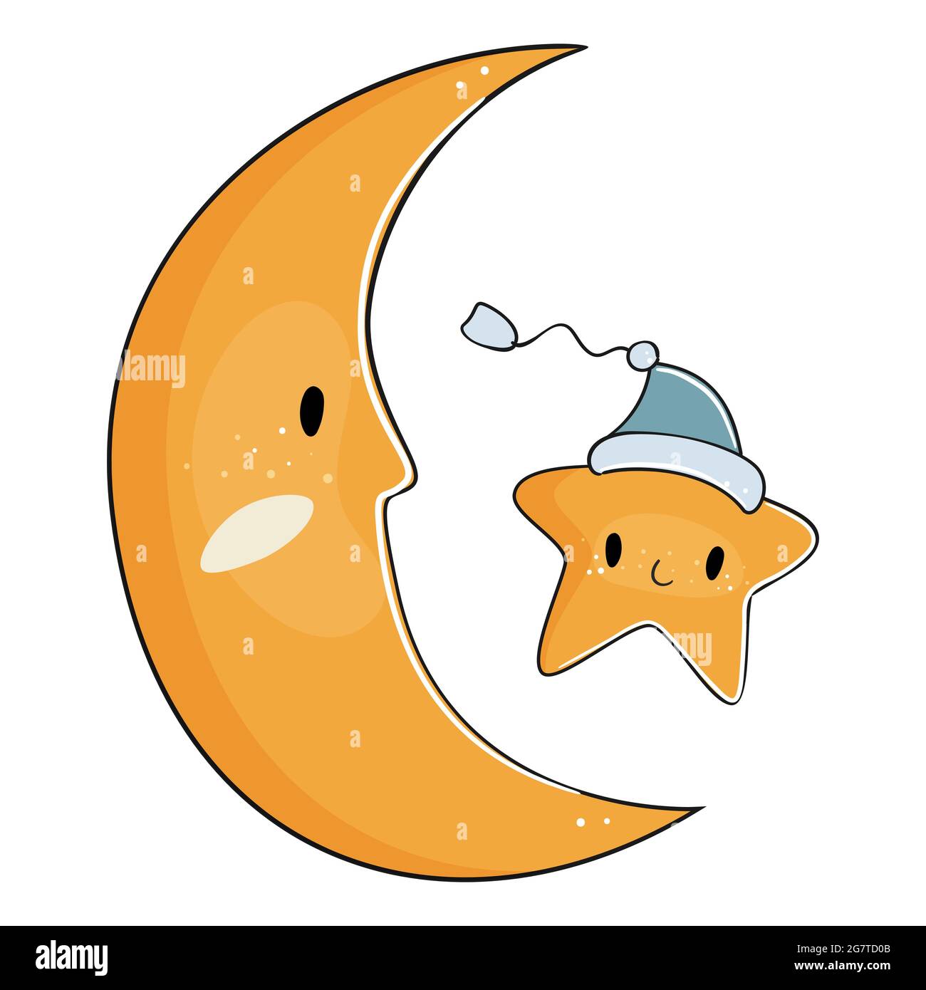 Cute cartoon moon and star. Vector illustration. Stock Vector