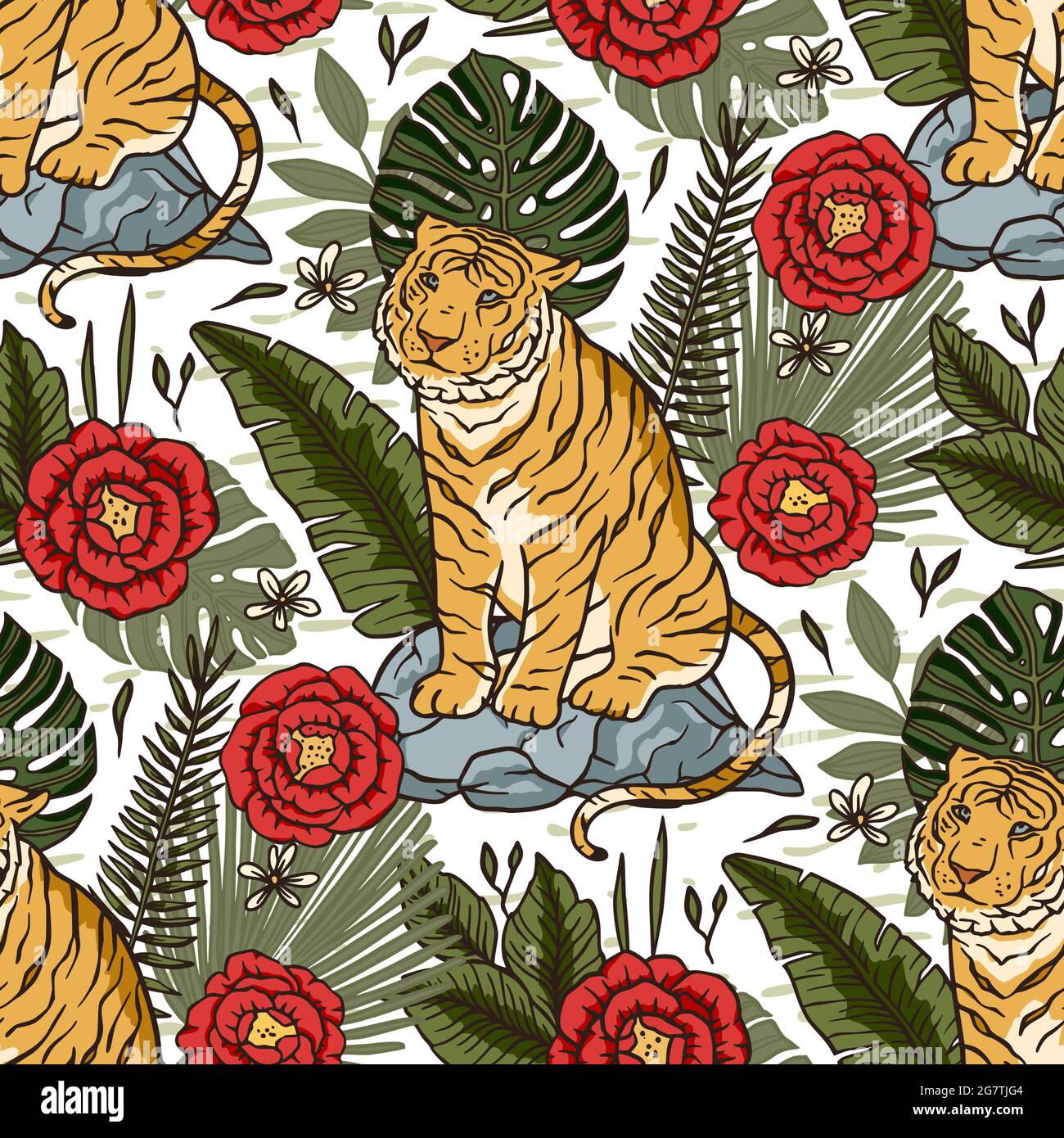 Jungle tiger exotic tropical seamless pattern with rose flower. Animal ...