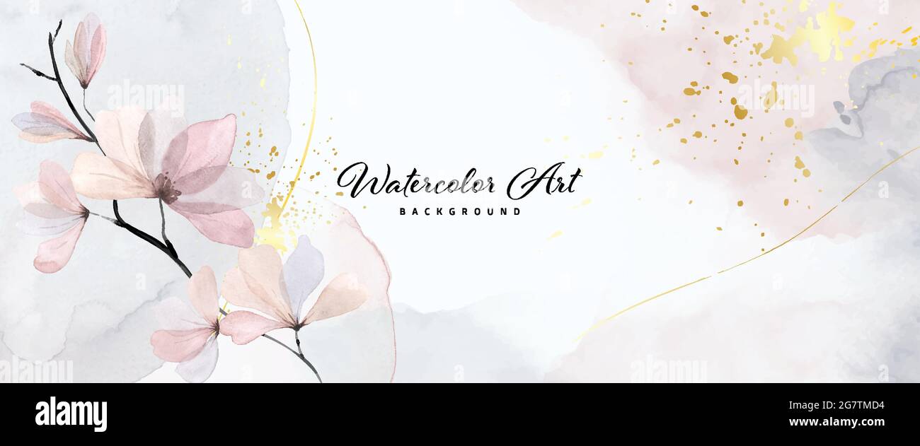 Abstract art watercolor gentle flower and gold splash for nature banner background. Watercolor art design suitable for use as header, web, wall decora Stock Vector