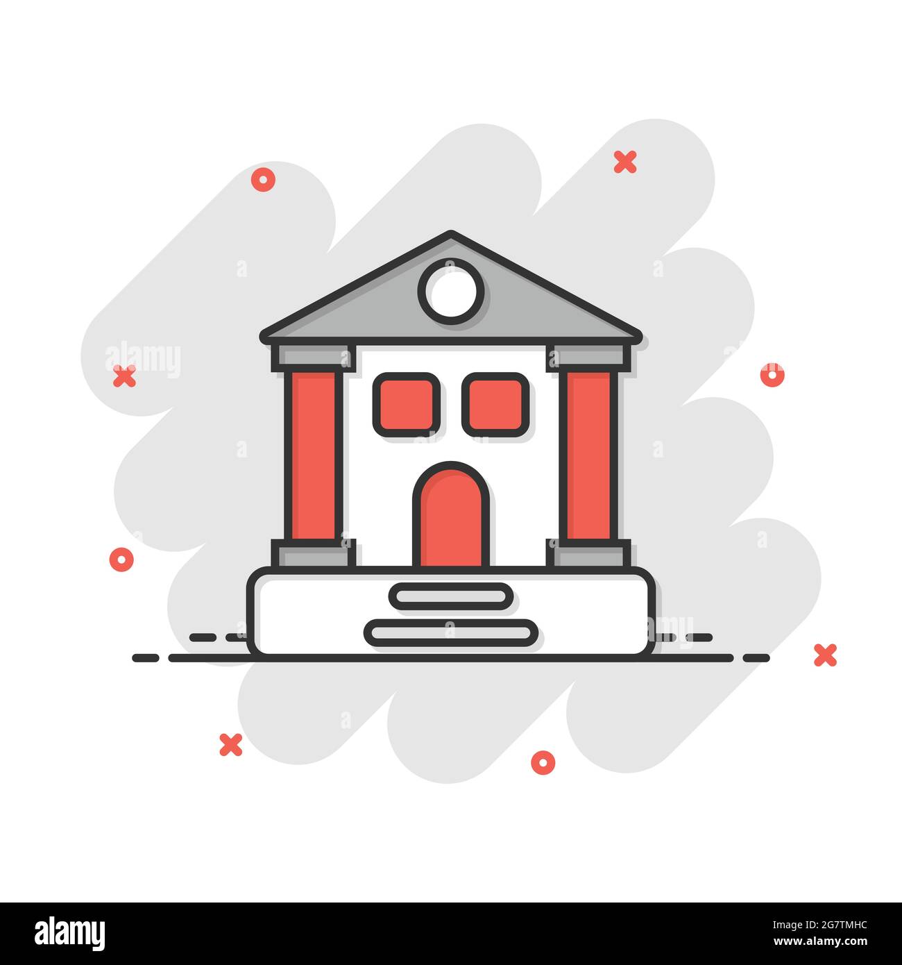 Building icon in comic style. Museum cartoon vector illustration on white isolated background. City tower splash effect business concept. Stock Vector