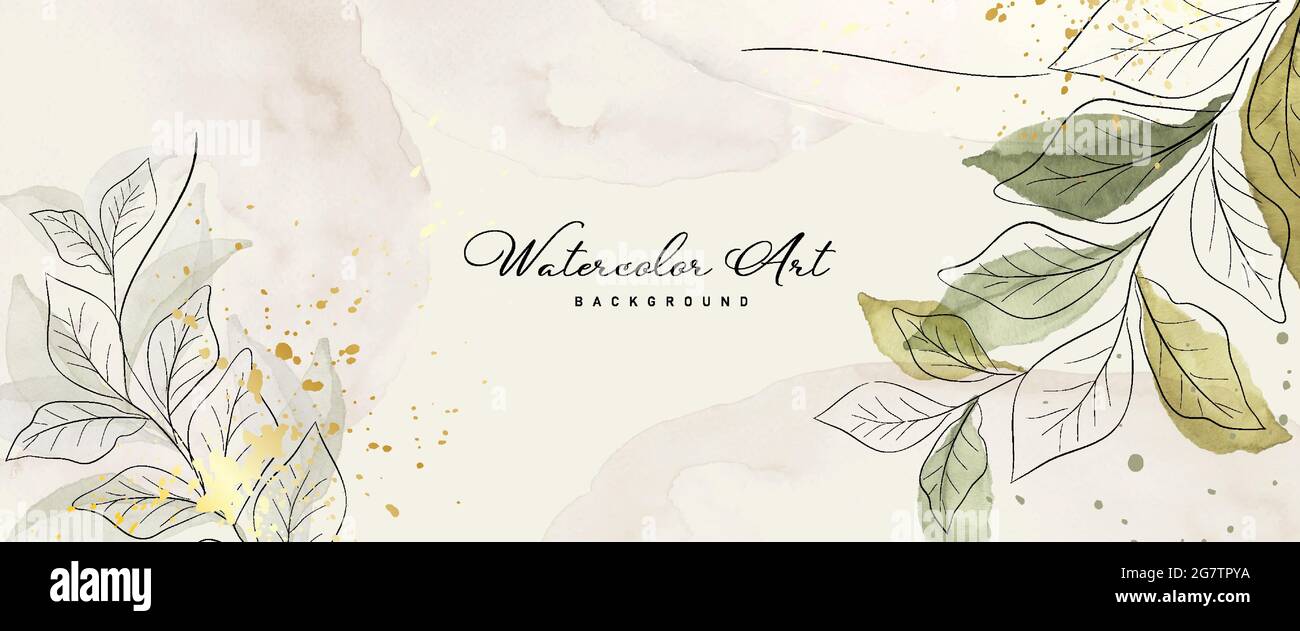 Abstract art watercolor green leaves botanical and gold splash for nature banner background. Watercolor hand-painted design suitable for use as header Stock Vector