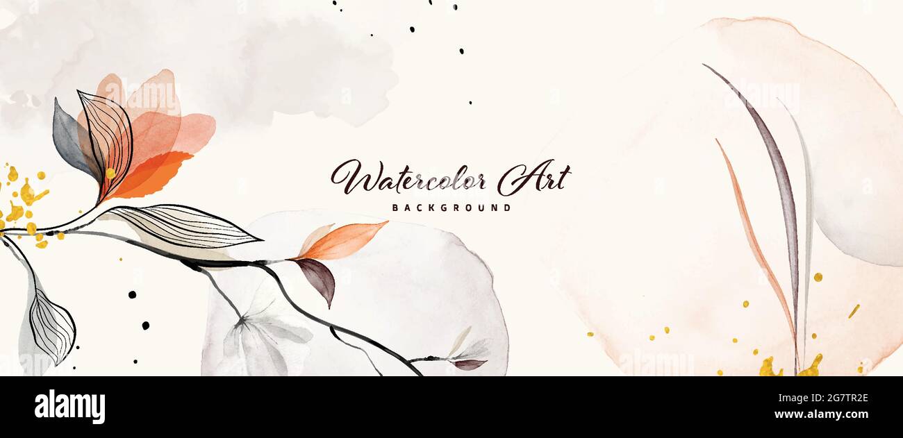 Abstract art watercolor orange flower and branches with gold drops for nature banner background. Watercolor art design suitable for use as header, web Stock Vector