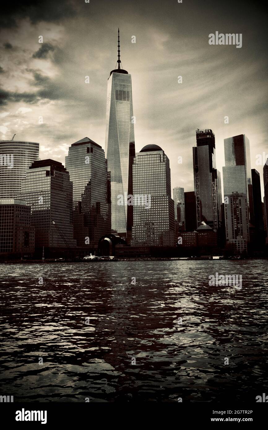 The World Trade Center in Manhattan, NYC from the New York Waterway ferry on the Hudson River. Stock Photo