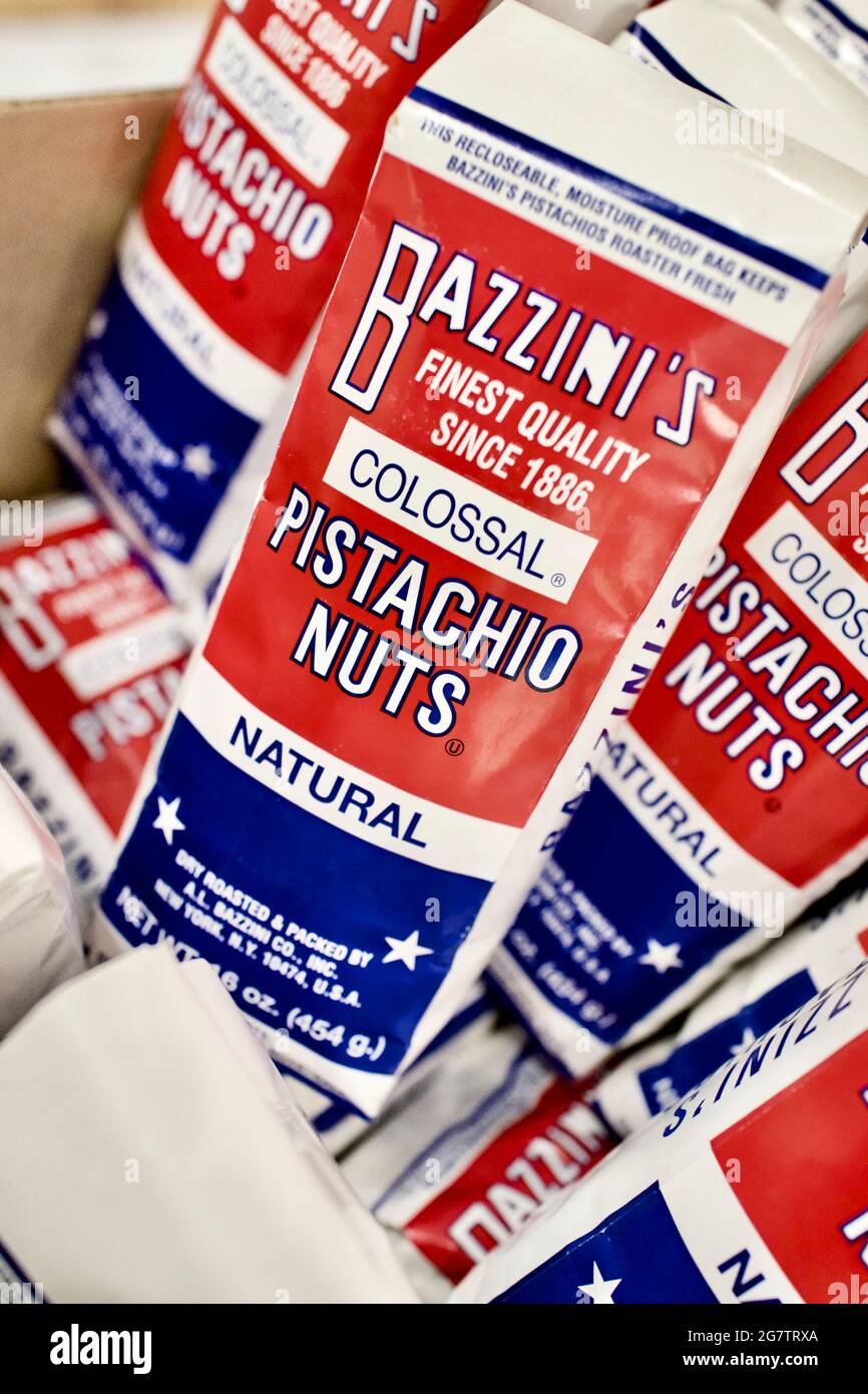 Bazzini's Pistachio nuts at Murray’s Cheese Flagship store on Bleecker Street in Greenwich Village, New York City.  Opened in 1940. Stock Photo