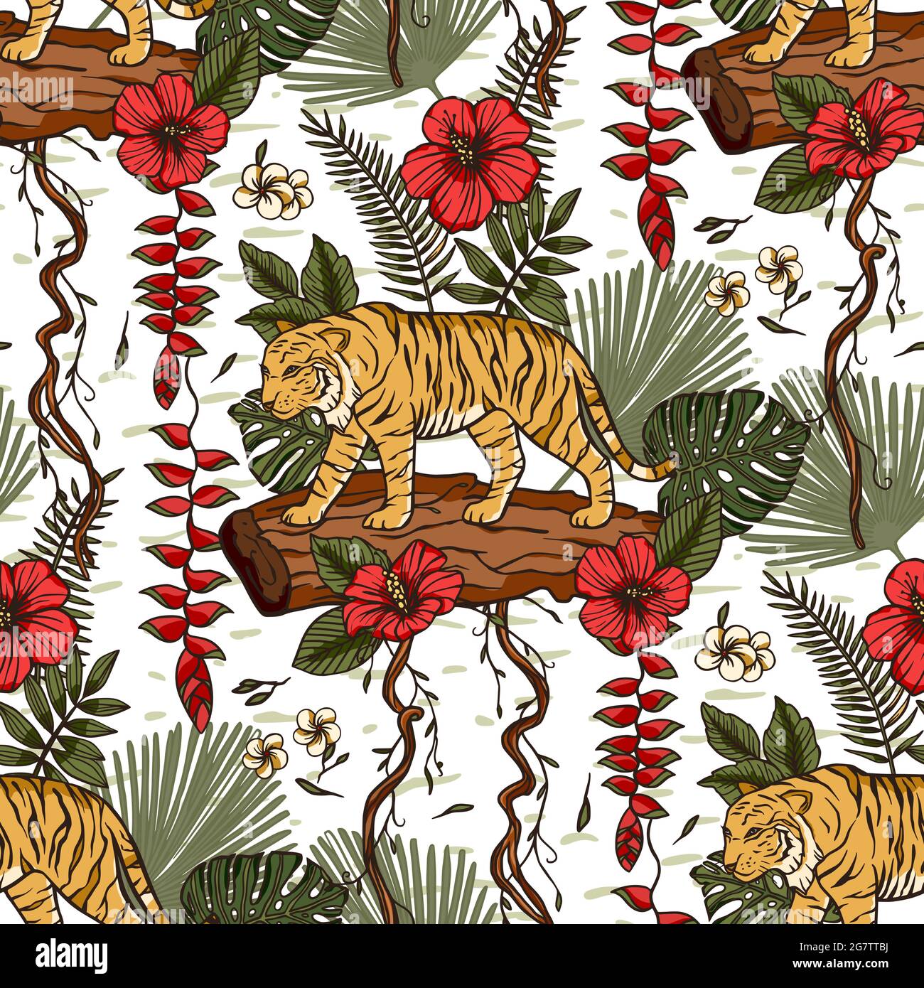 Jungle tiger exotic tropical seamless pattern with vine and hibiscus ...