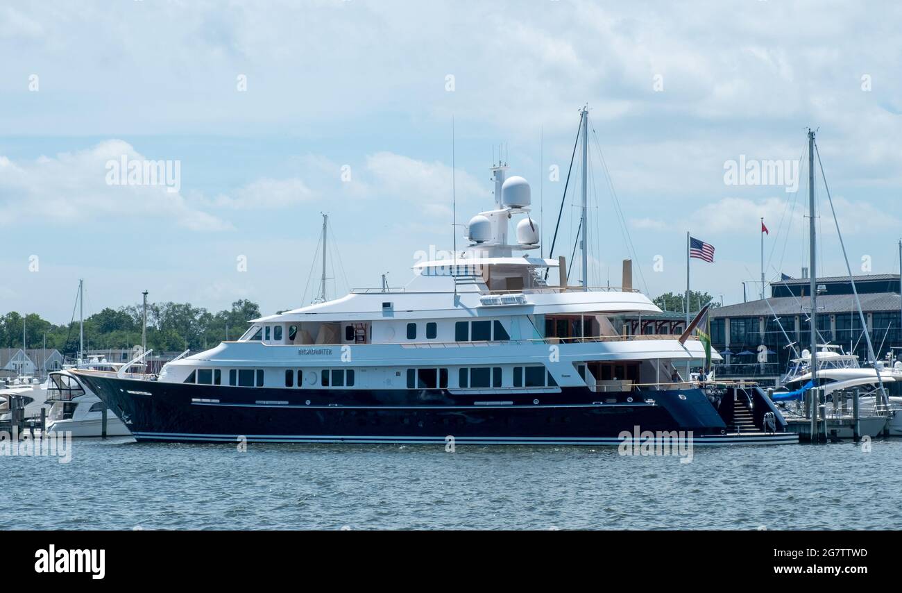 Super yacht Broadwater owned by Matthew Voorhees of Anybill pictured docked in Annapolis, Maryland. Stock Photo