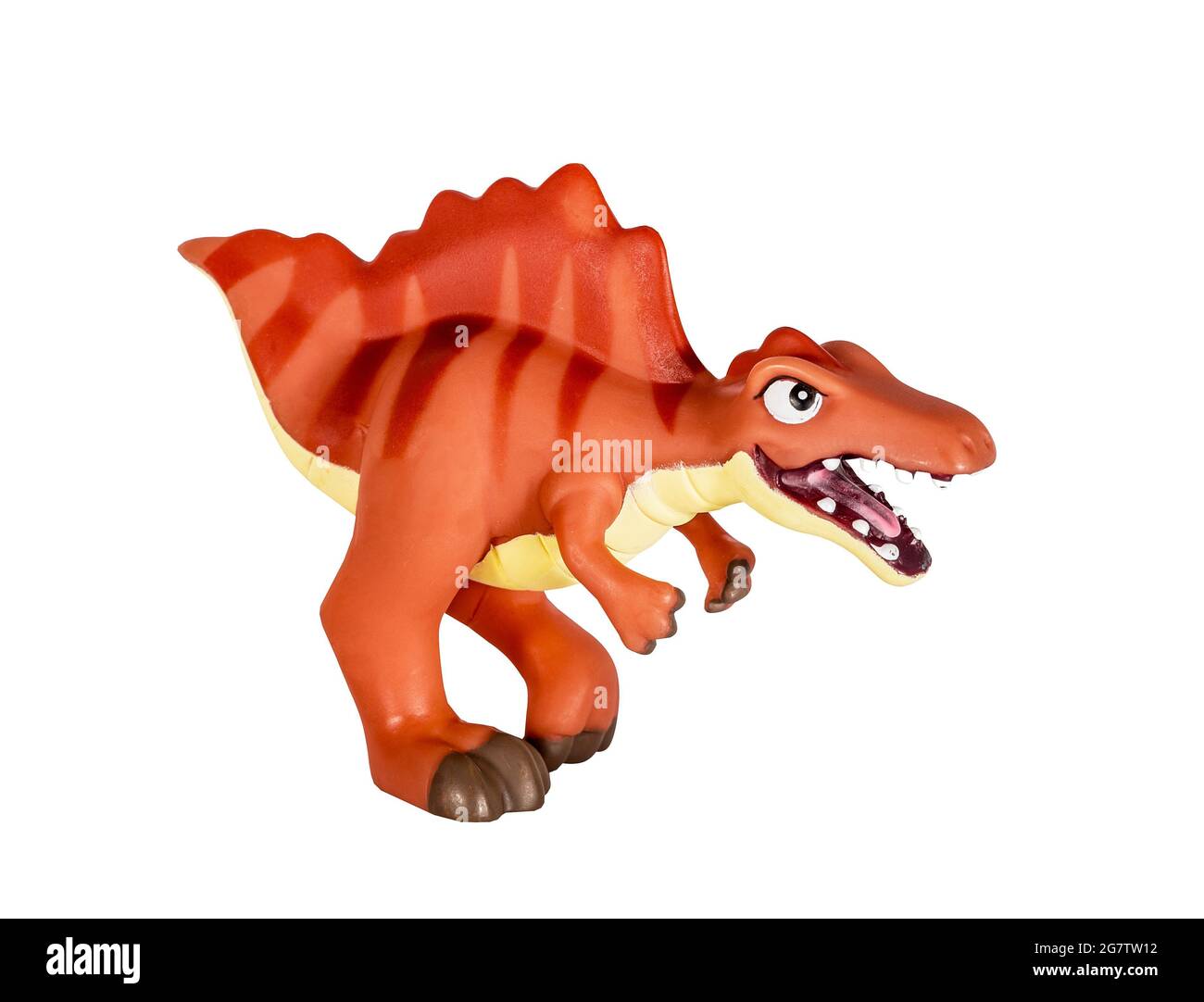 Plastic orange dinosaur toy, Spinosaurus isolated on white background Stock Photo