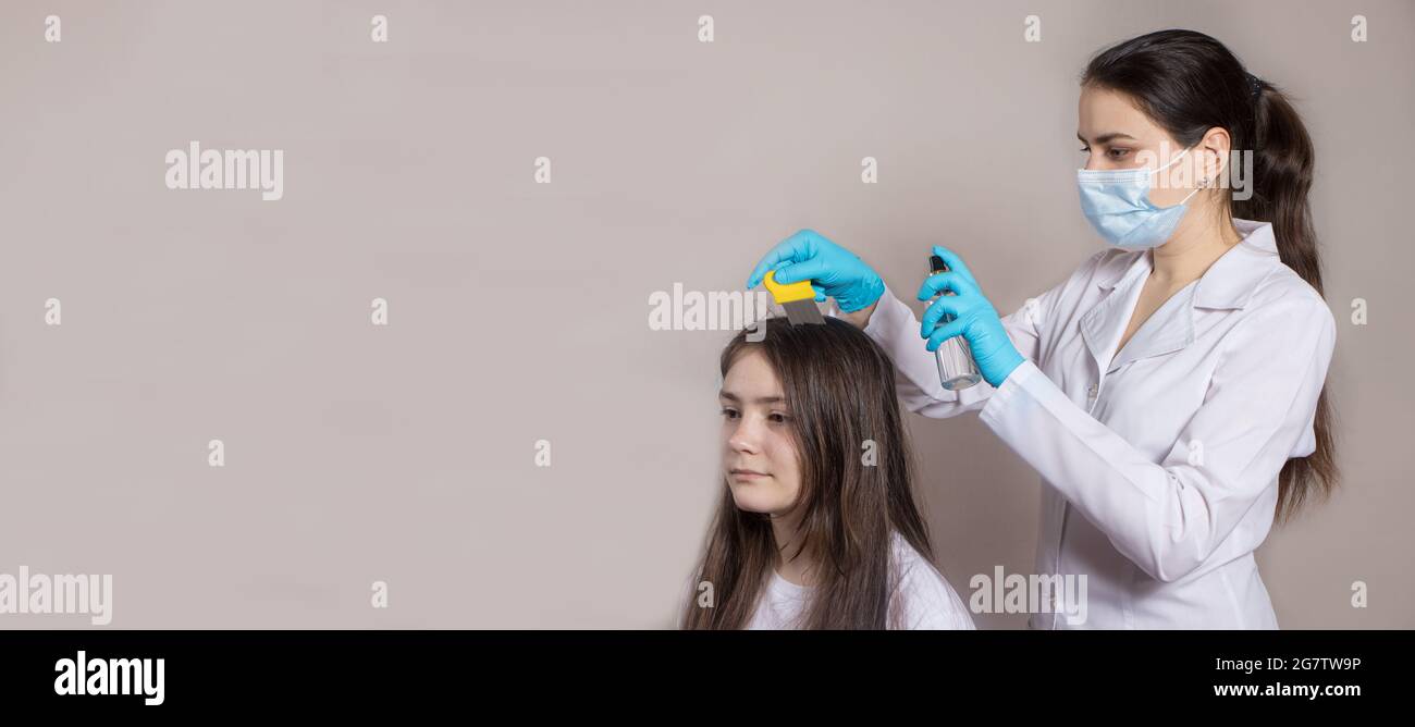 A dermatologist or trichologist applies a dandruff or lice weed to the patient's hair. Treating psoriasis, hair loss, dermatitis or head lice. Stock Photo