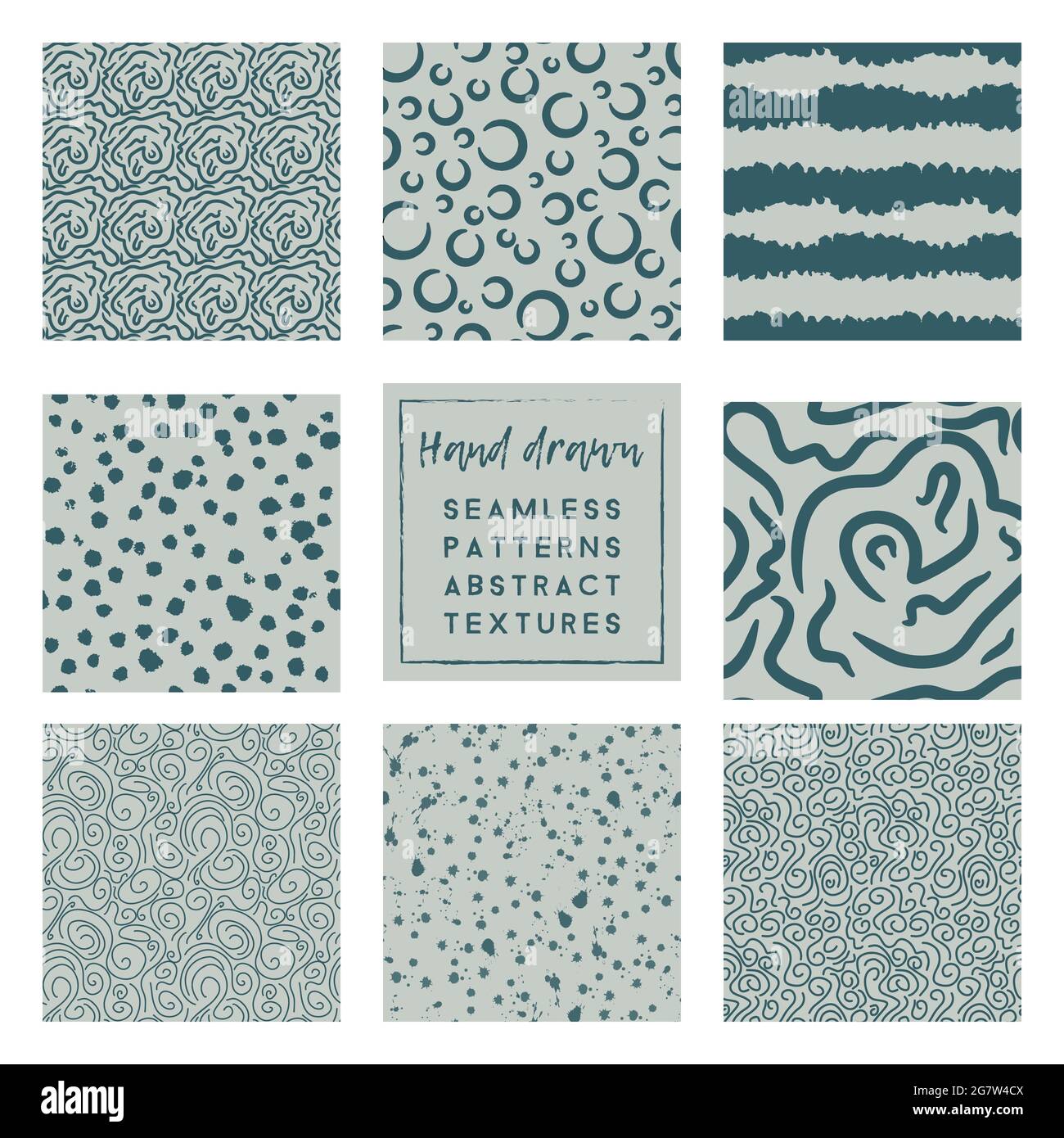 teal green and gray hand drawn abstract scribble seamless patterns set. Stock Vector