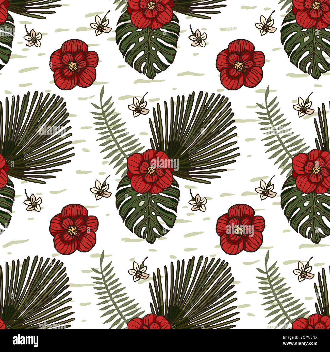 Red hibiscus floral wallpaper flower seamless pattern. Hawaiian tropical  background illustration design with palm and monstera leaf. Summer vector  graphic Stock Vector Image \u0026 Art - Alamy, image size:1300x1390