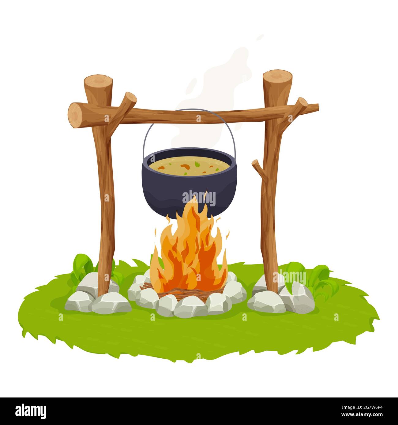 Black camping pot over a campfire in cartoon style isolated on white background. Wooden sticks, fire with stones, decorated with grass. Picnic cooking, travel preparation. Vector illustration Stock Vector
