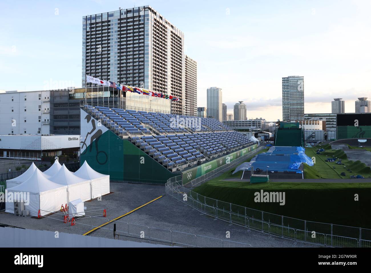 Tokyo, Japan. 16th July, 2021. A view of the Ariake Urban Sports Park. Tokyo was to host the 2020 Summer Olympic Games from 24 July to 9 August 2020, however because of the COVID-19 pandemic the games have been postponed for a year and are due to take place from 23 July to 8 August 2021. Credit: Valery Sharifulin/TASS/Alamy Live News Stock Photo