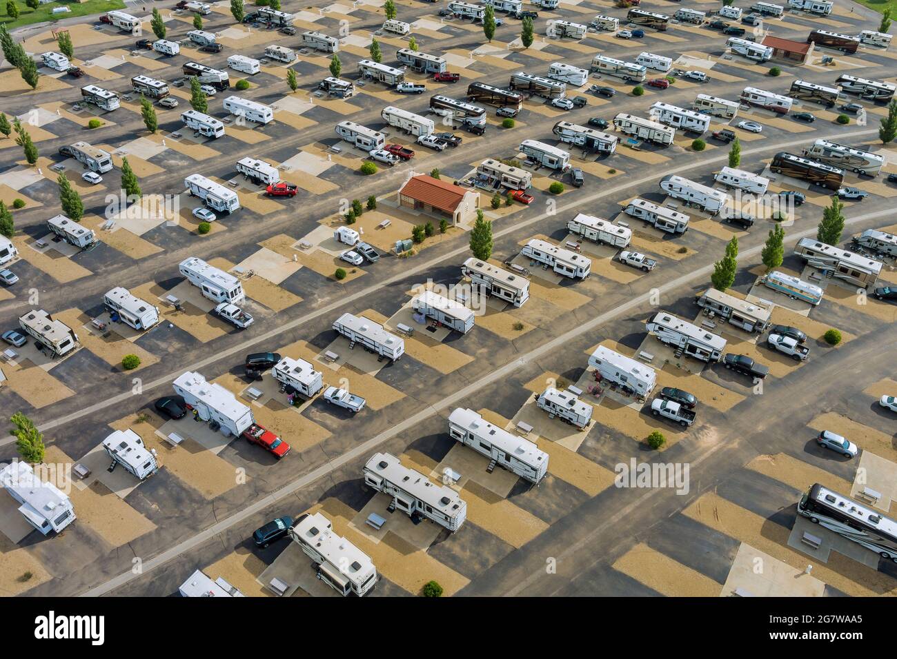 Aerial view of a trailer RV vacation in a travel recreational vehicle ...