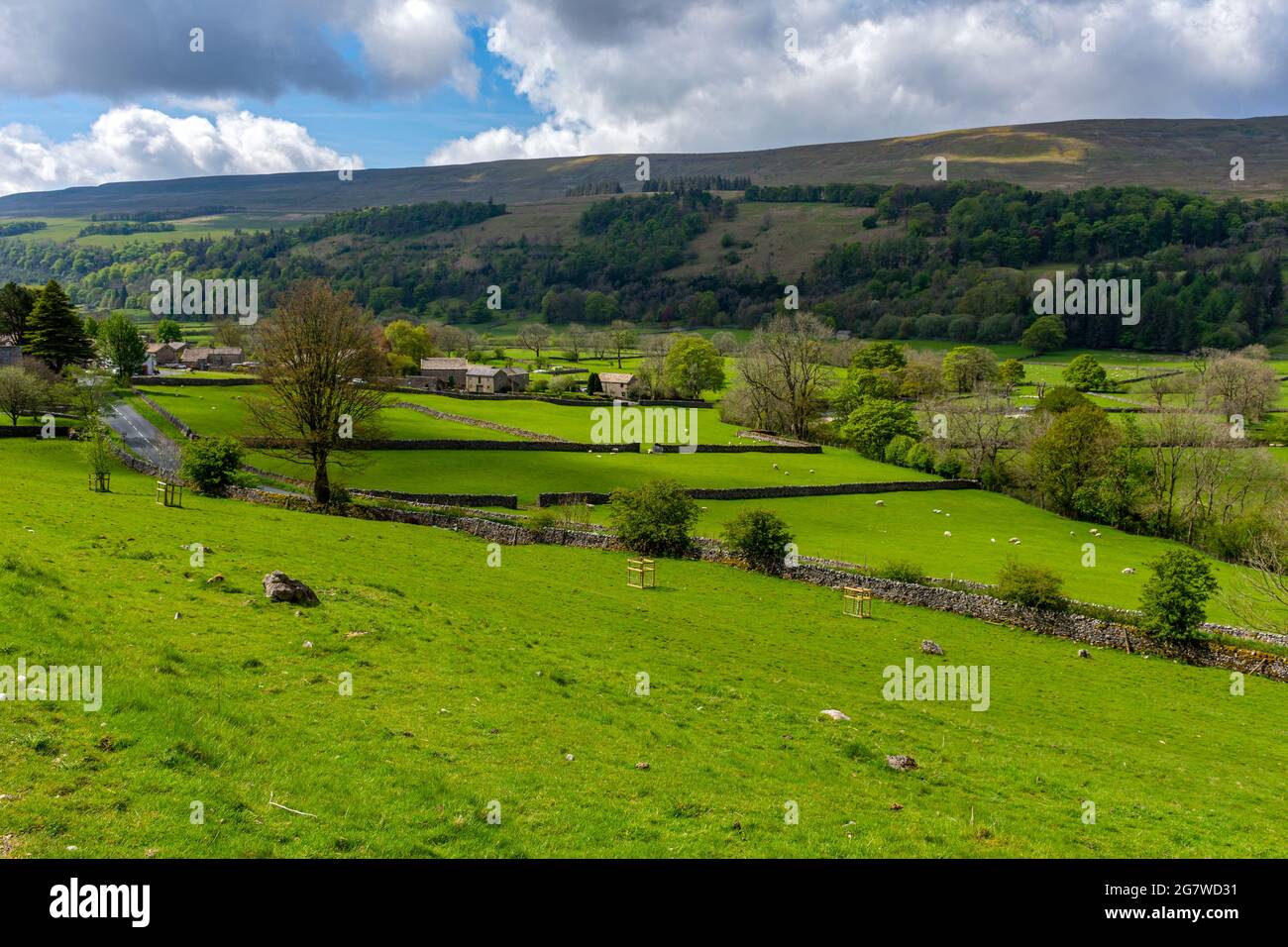 Buckden village and the ridge of Old Cote Moor Top, Upper Wharfedale, Yorkshire Dales National Park, Yorkshire, England, UK Stock Photo