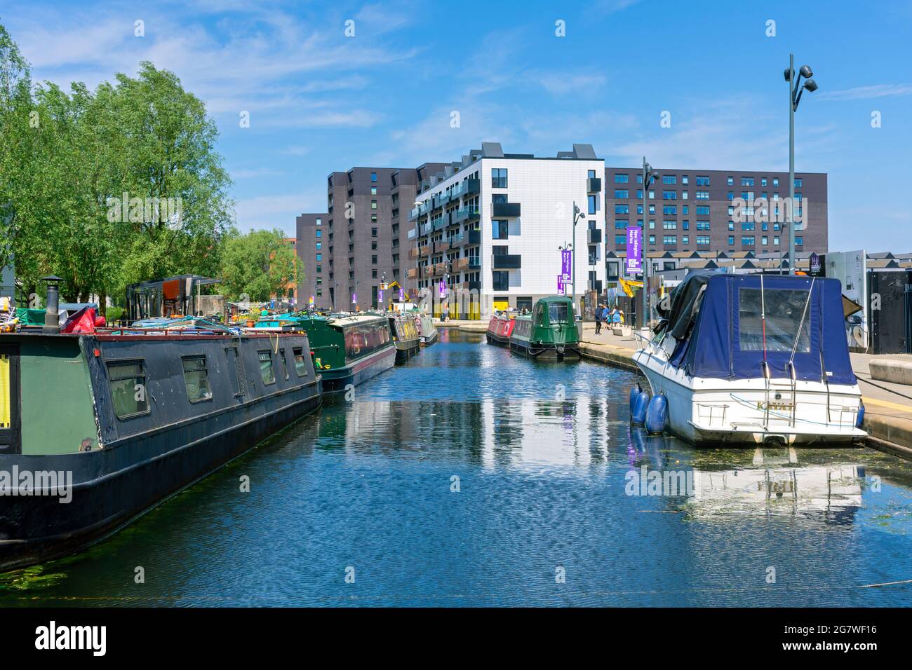 The Cotton Field Wharf and Mansion House apartment blocks, from the Cotton Field Park marina