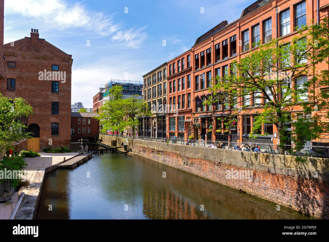 The Rochdale Canal with the Kampus development at left and Canal Street at right.   Manchester, England, UK Stock Photo