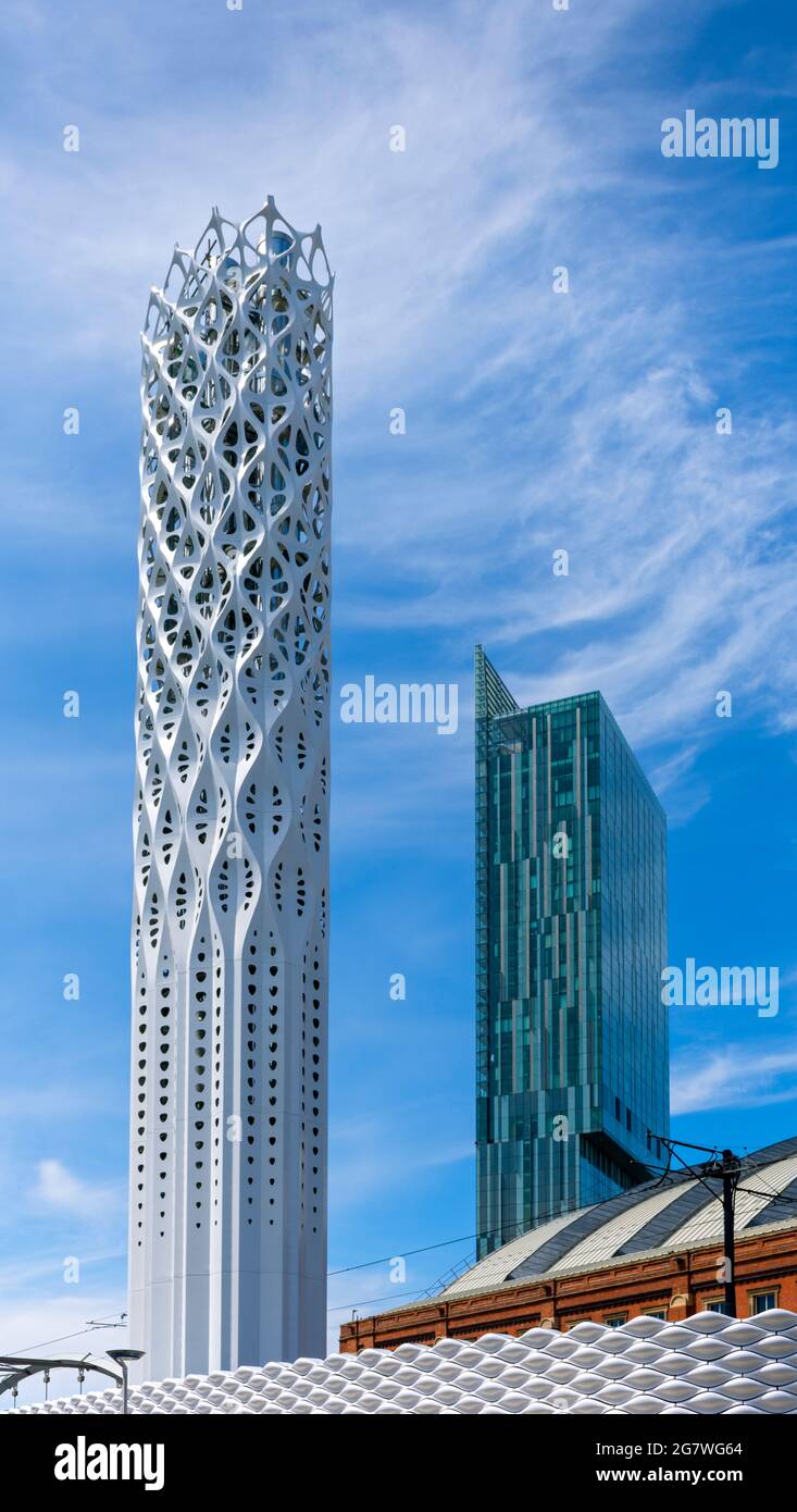 The Tower of Light.  Flues for the Civic Quarter Heat Network encased within an architectural wrap, by architect Tonkin Liu.  Manchester, England, UK Stock Photo