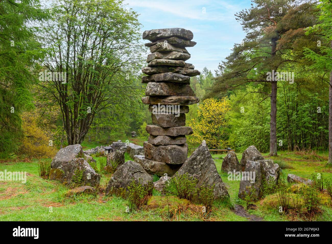 Rock column at the Druid's Temple, a folly built in the late 1700s or early 1800s by William Danby.  Near Masham, Yorkshire, England, UK. Stock Photo