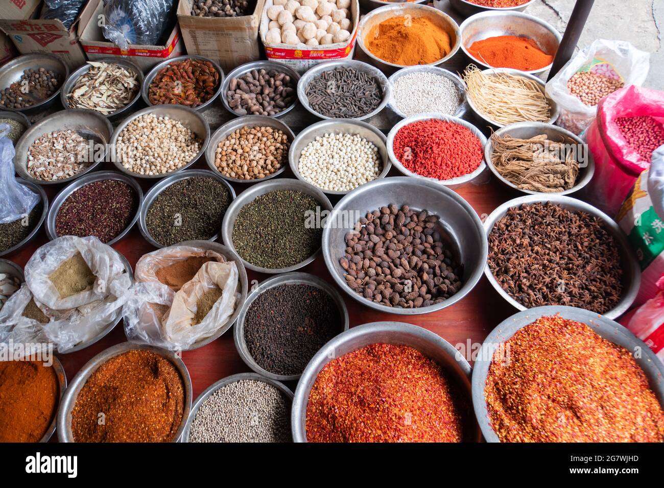 Variety of spices and herbs in the market Stock Photo