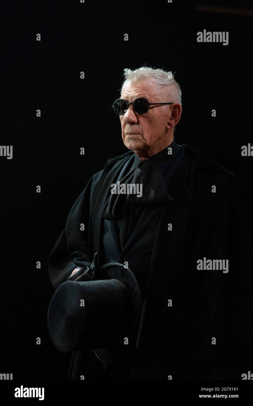 Ian McKellen as Hamlet in HAMLET by Shakespeare opening at the Theatre Royal Windsor, England on 20/07/2021 set design: Lee Newby  costumes: Loren Epstein  wigs & make-up: Susanna Peretz  lighting: Zoe Spurr  director: Sean Mathias Stock Photo