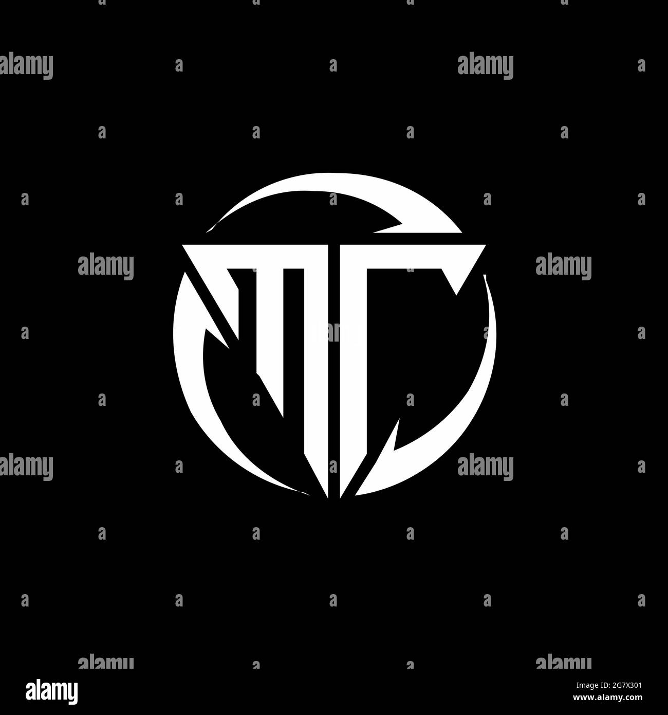 MT logo with triangle shape and circle rounded design template isolated on black background Stock Vector