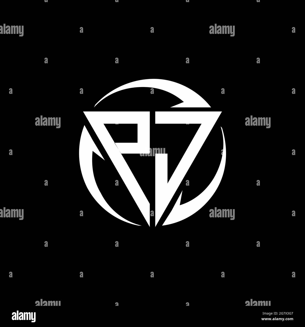 PJ logo with triangle shape and circle rounded design template isolated on black background Stock Vector
