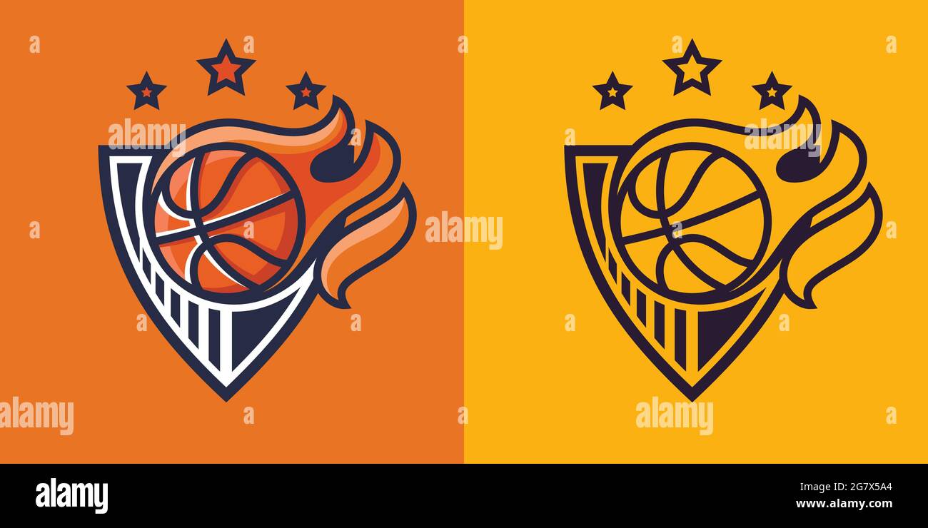 Flying ball on fire in different styles. Basketball concept art. Stock Vector