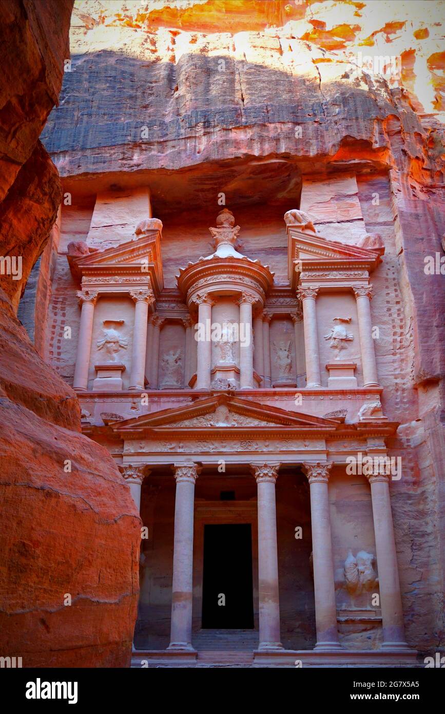 Petra is a symbol of Jordan, as well as Jordan's most-visited tourist attraction. Named one of the New Seven Wonders of the World. Stock Photo