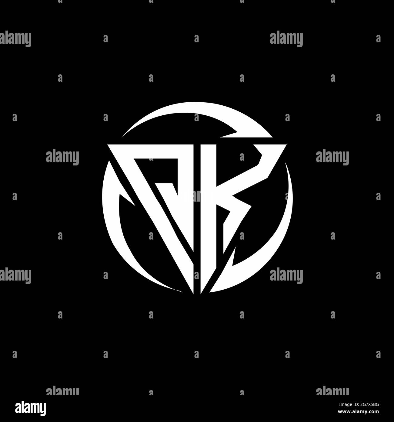 QK logo with triangle shape and circle rounded design template isolated on black background Stock Vector