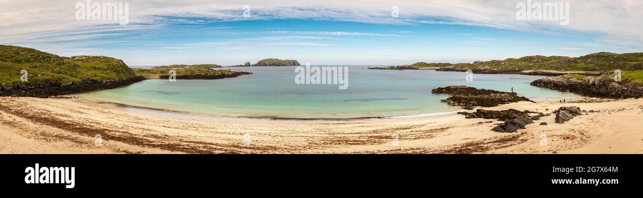 A summer 3 shot HDR panorama image of a deserted Bosta, Bostadh, Beach on the Isle of Lewis, western Isles, Scotland. 26 June 2021 Stock Photo