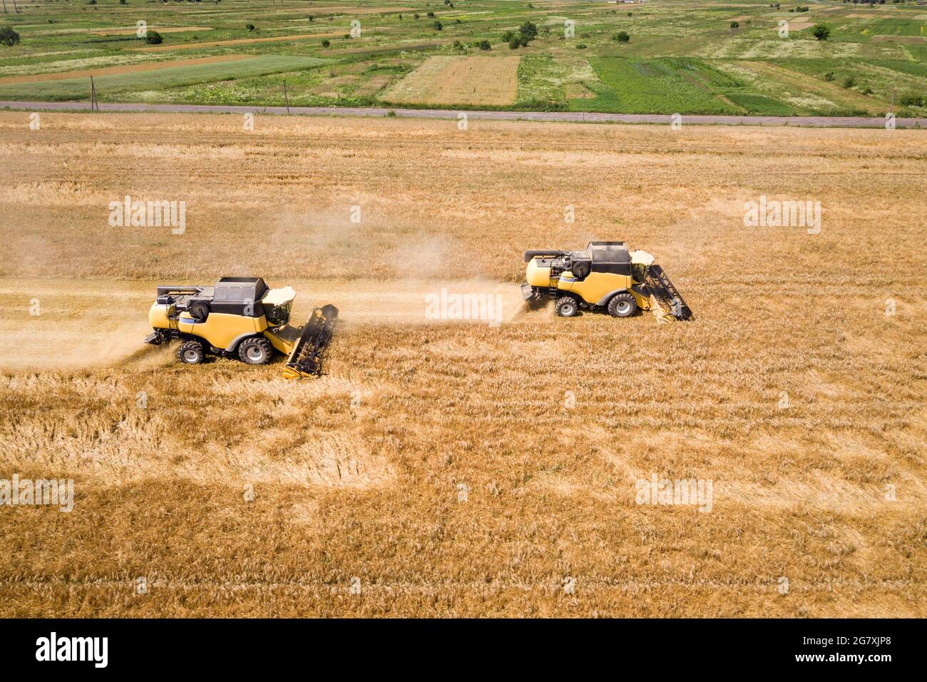 Aerial view of combine harvesters harvesting large yellow ripe wheat ...