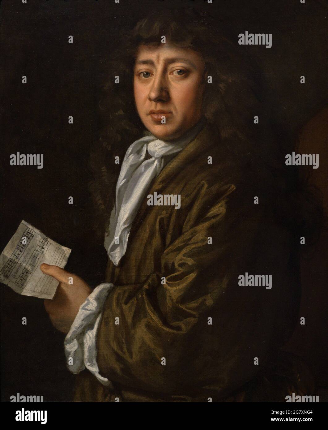 Samuel Pepys (1633-1703). English diarist and naval administrator. Portrait by John Hayls (1600?-1679). The music he holds is his own setting of a lyric by Sir William Davenant titled 'Beauty, retire'. Oil on canvas (75,6 x 62,9 cm), 1666. National Portrait Gallery. London, England, United Kingdom. Stock Photo