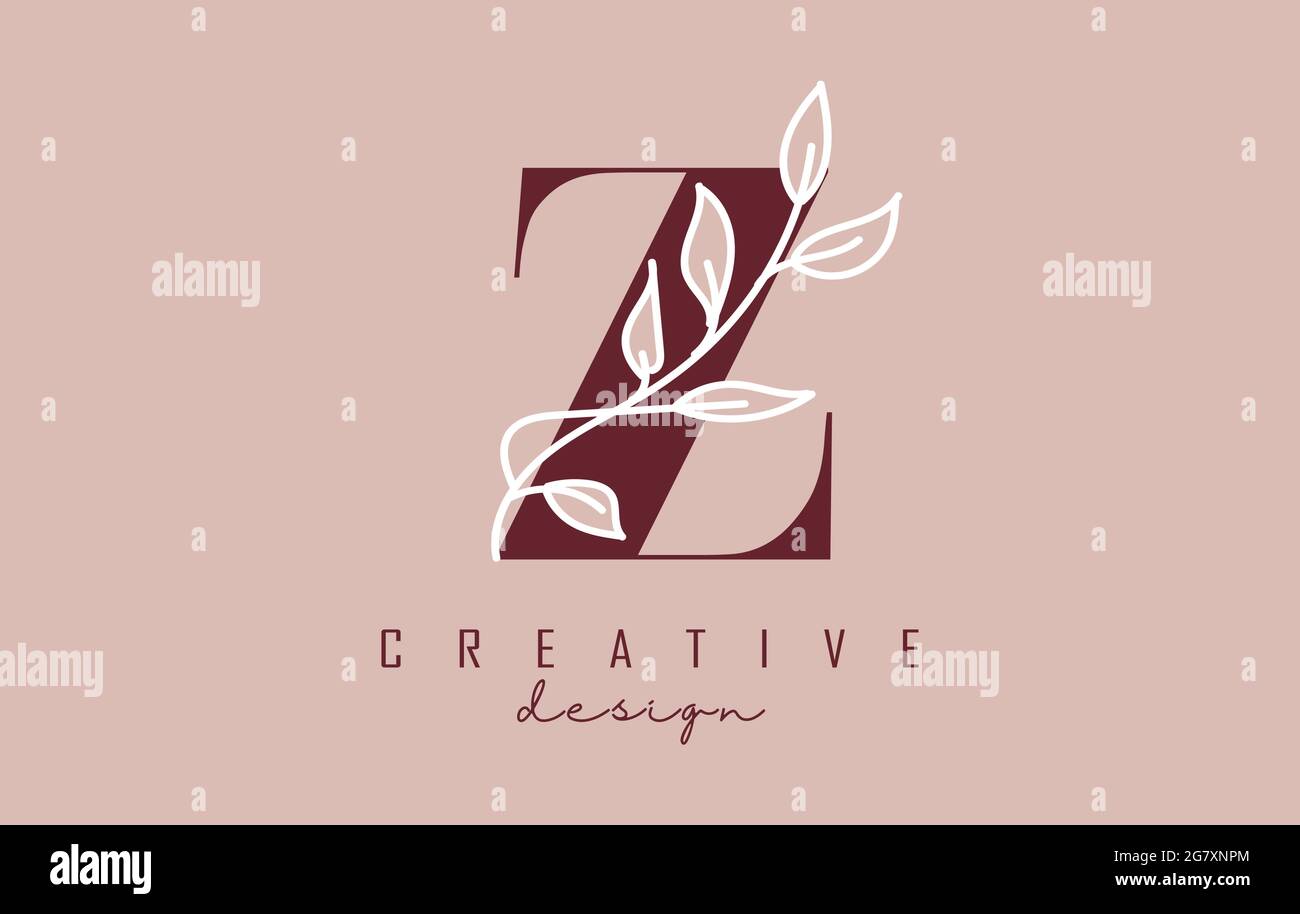 Red Z letter logo design with white leaves branch vector illustration ...