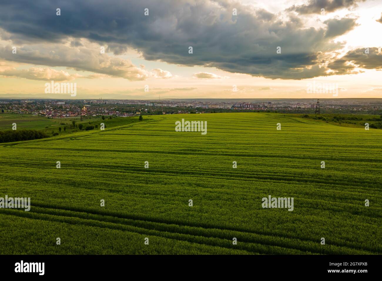 Aerial landscape view of green cultivated agricultural fields with ...