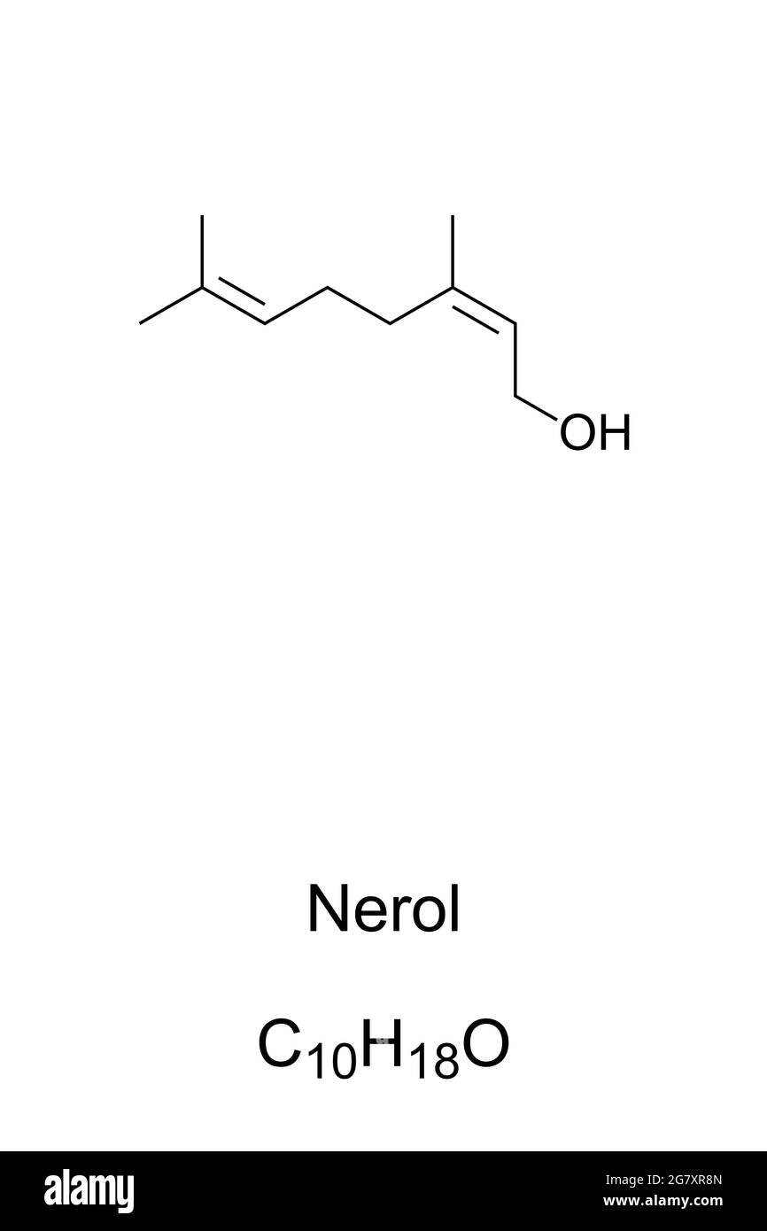 Nerol, chemical formula and skeletal structure. Organic compound, a monoterpenoid alcohol, found in essential oils, such as lemongrass and hops. Stock Photo
