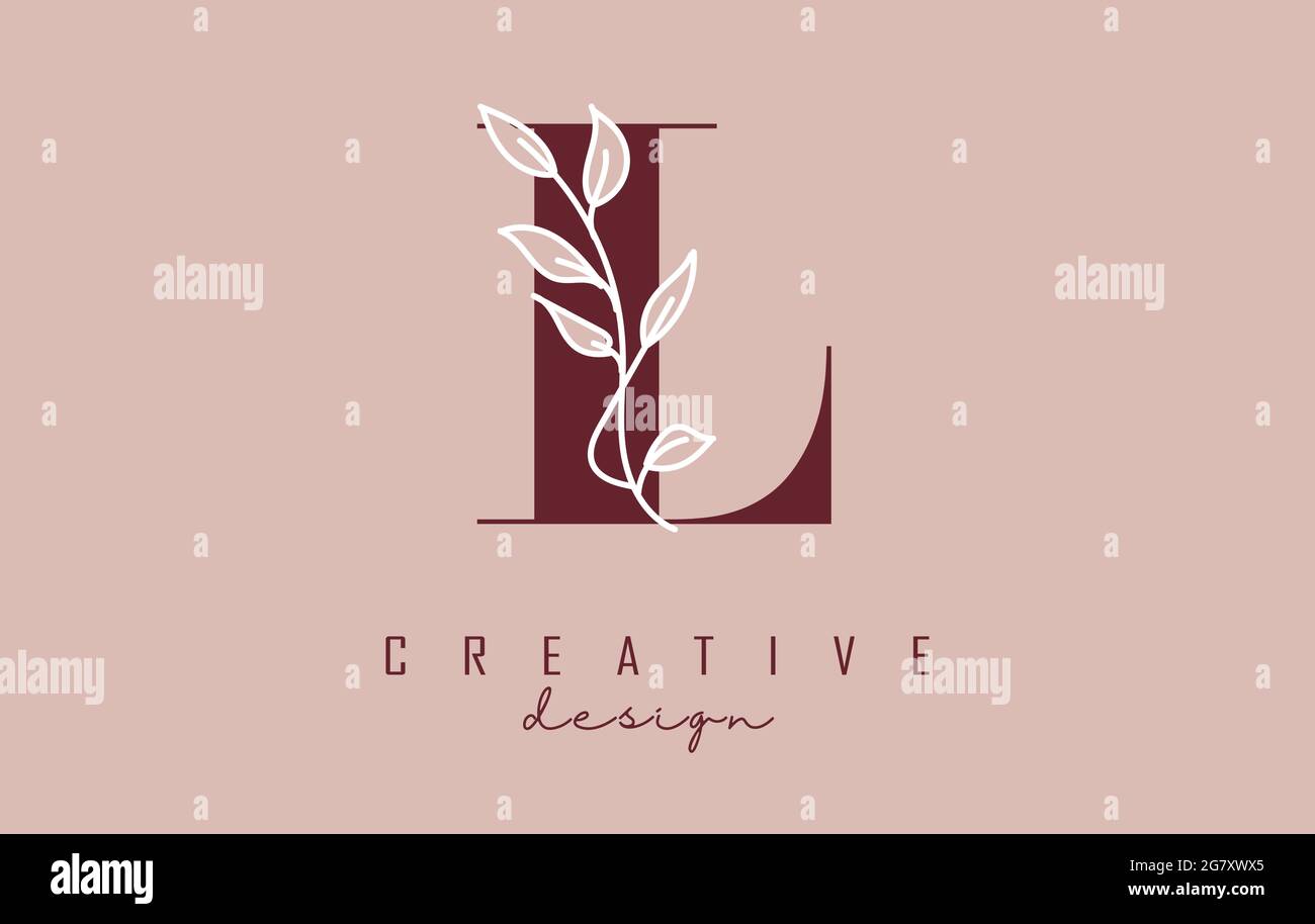 Red L letter logo design with white leaves branch vector illustration. Creative and elegant icon with letter L. Stock Vector